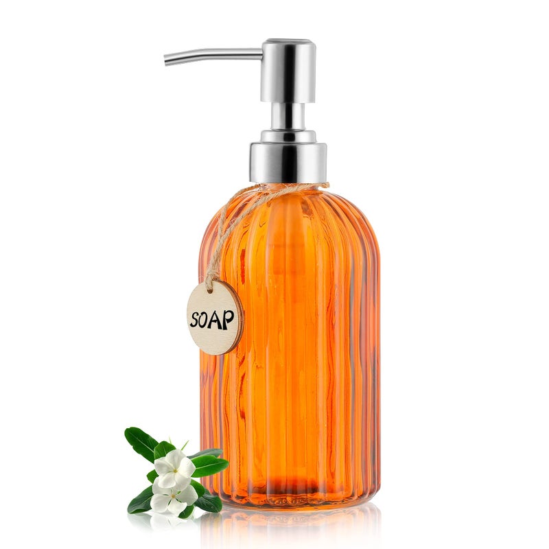Moclif 16 Oz Soap Dispenser Tempered Glass Clear Vertical Stripe With 304 Rust Proof Stainless Steel Pump Refillable Liquid Hand Soap Dispenser For Bathroom  Kitchen  Dish Soap Lotion (Orange) - Image 1