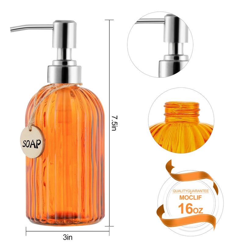 Moclif 16 Oz Soap Dispenser Tempered Glass Clear Vertical Stripe With 304 Rust Proof Stainless Steel Pump Refillable Liquid Hand Soap Dispenser For Bathroom  Kitchen  Dish Soap Lotion (Orange) - Image 2