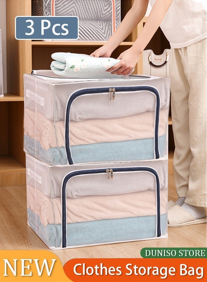 DUNISO Foldable Clothes Storage Boxes with Steel Frame 66L 3 Pack Transparent Foldable Storage Boxes Double Zipper Clothes Storage Organizer for Clothing Shoe Toys Bedroom(White-3PCS(66L) - Image 1