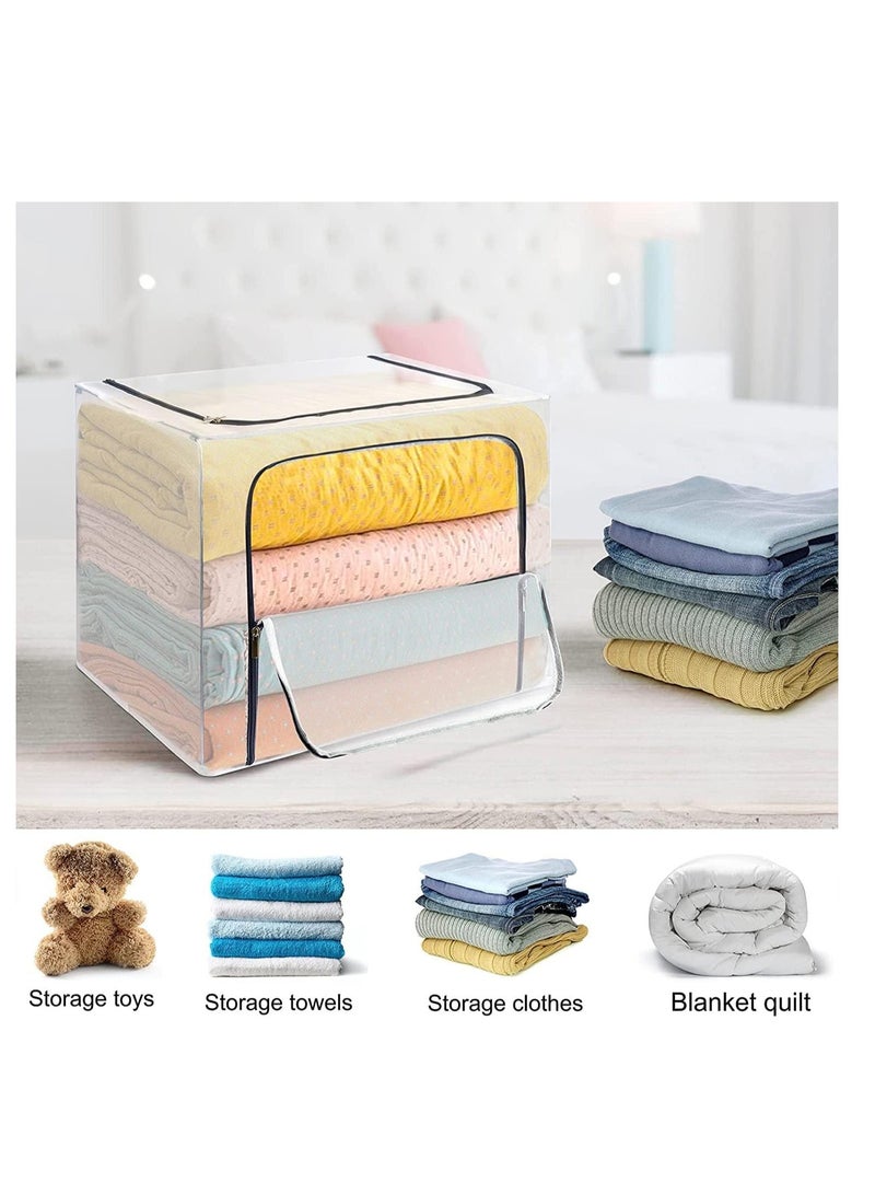 DUNISO Foldable Clothes Storage Boxes with Steel Frame 66L 3 Pack Transparent Foldable Storage Boxes Double Zipper Clothes Storage Organizer for Clothing Shoe Toys Bedroom(White-3PCS(66L) - Image 3