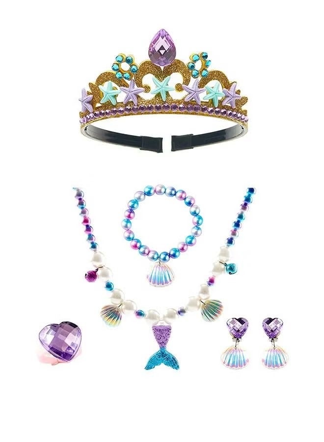 Mermaid Jewelry Kit Little Set for Kids, Pearl Shell Crown Pendant Bracelets Ear Clips Set, Princess Party Dress Up Pretend Play Decorative Accessories (Purple - Image 1