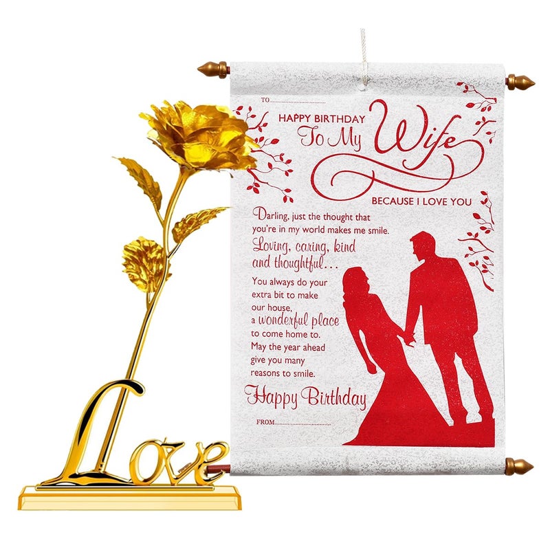 Natali Traders Birthday Gift for Wife - Artificial Golden Rose Flower with Love Stand & Scroll Card - Happy Birthday Gift Combo - Image 1