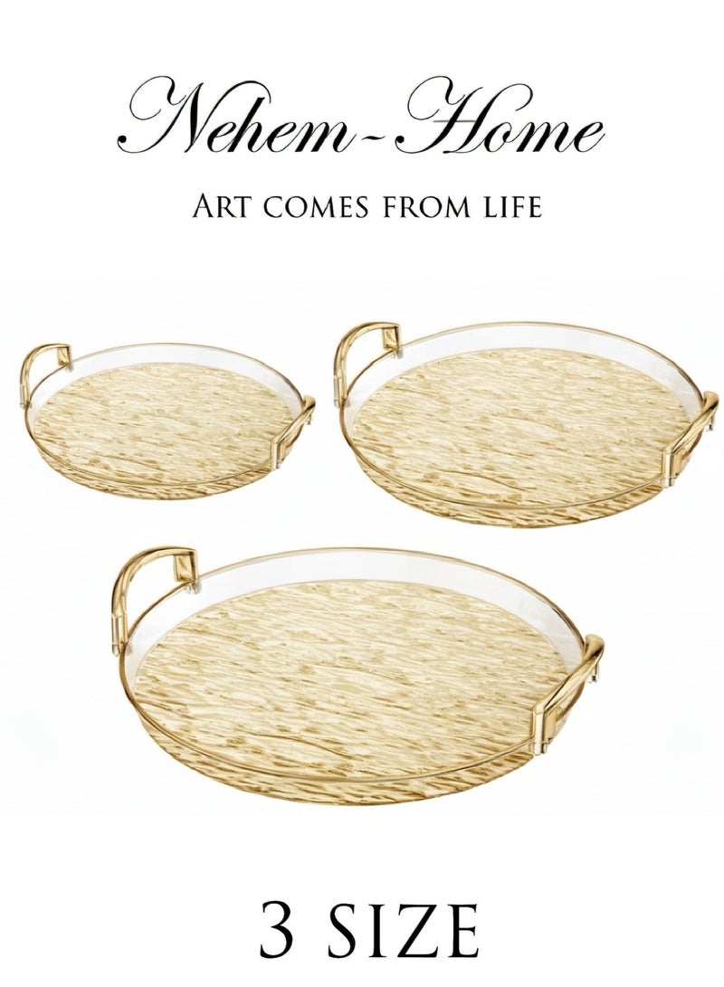 نيم صحون تقديم 3 قطعة صينية تموج فاخرة للضيافة - صينية تقديم كبيرة متعددة الاستخدام مع ومقابض معدنية | هدايا للضيافة المنزلية وحفلات القهوة والمكسرات والفواكه - Image 1