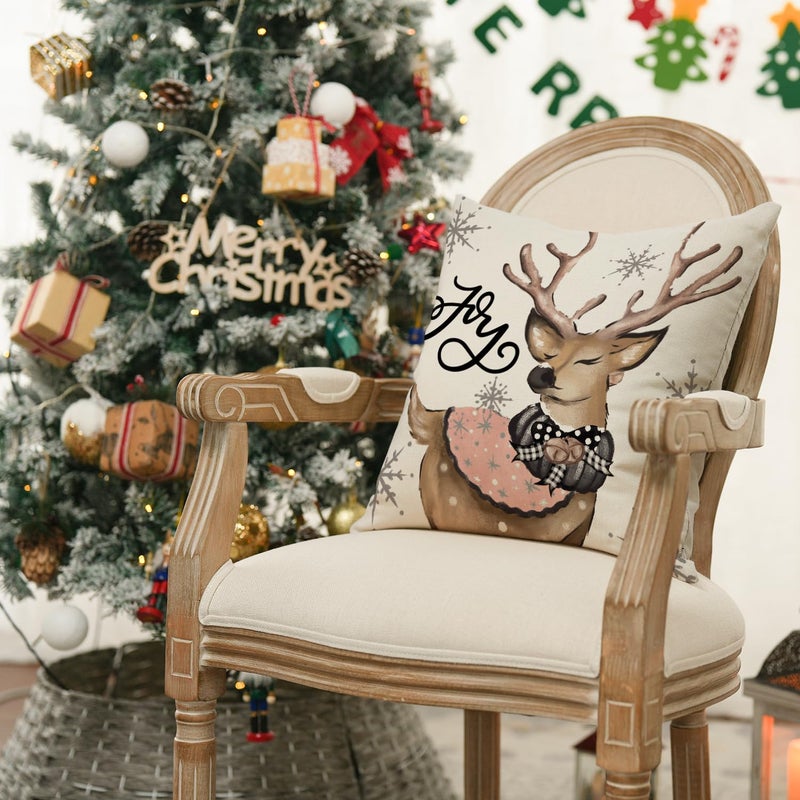 AVOIN colorlife AVOIN colorlife Pink Christmas Snowman Reindeer Gloves Eucalyptus Throw Pillow Covers  18 x 18 Inch Winter Holiday Stripes Cushion Case Decoration for Sofa Couch Set of 4  - Image 5