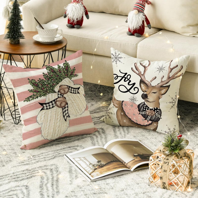 AVOIN colorlife AVOIN colorlife Pink Christmas Snowman Reindeer Gloves Eucalyptus Throw Pillow Covers  18 x 18 Inch Winter Holiday Stripes Cushion Case Decoration for Sofa Couch Set of 4  - Image 4