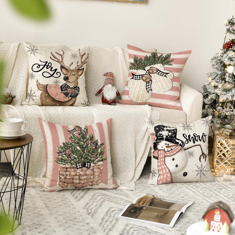 AVOIN colorlife AVOIN colorlife Pink Christmas Snowman Reindeer Gloves Eucalyptus Throw Pillow Covers  18 x 18 Inch Winter Holiday Stripes Cushion Case Decoration for Sofa Couch Set of 4  - Image 2