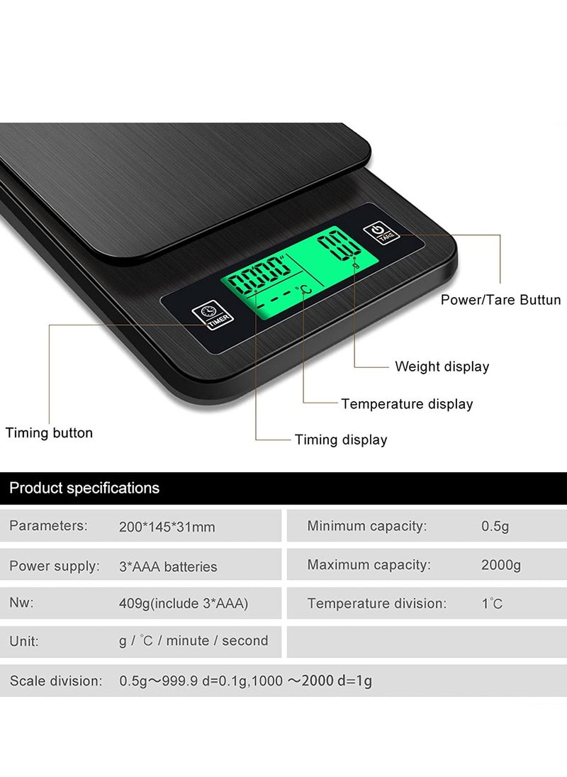 Bolivia's Coffee Scale with Timer, 3kg/0.1g High Accuracy, LCD Backlight Display Digital Kitchen Food Scale with Meat Thermometer, for Baking and Cooking(Black)