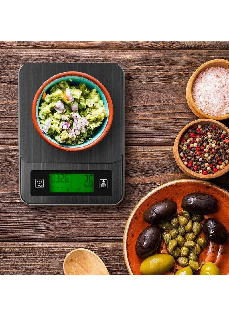 Bolivia's Coffee Scale with Timer, 3kg/0.1g High Accuracy, LCD Backlight Display Digital Kitchen Food Scale with Meat Thermometer, for Baking and Cooking(Black)