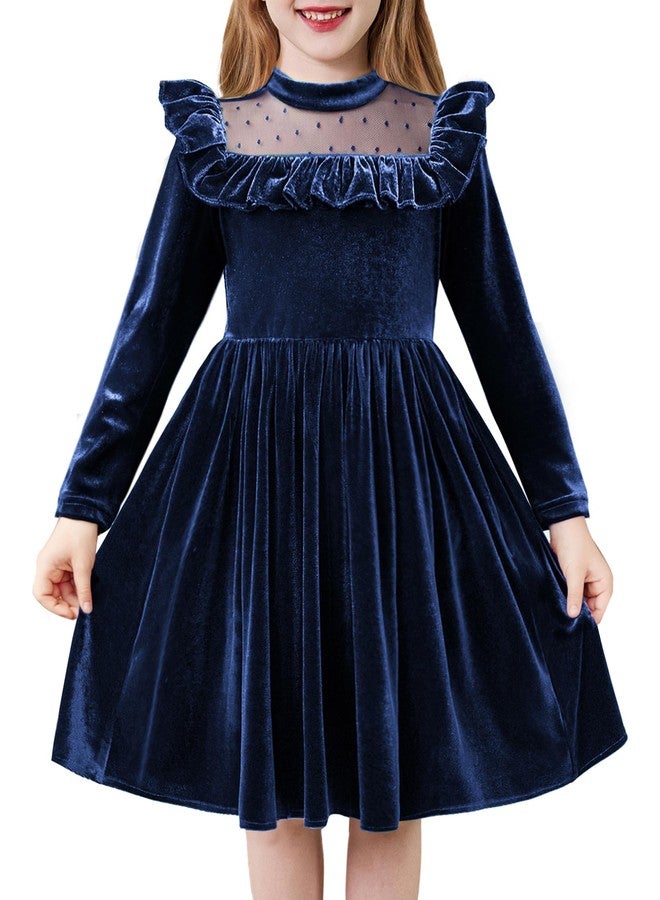 Arshiner فستان عيد الميلاد للأطفال من أرشينر، فساتين مخملية زرقاء داكنة، بأكمام طويلة، فستان أميرة لحفلة عيد الميلاد، ملابس رسمية لخريف وشتاء 4T - Image 1