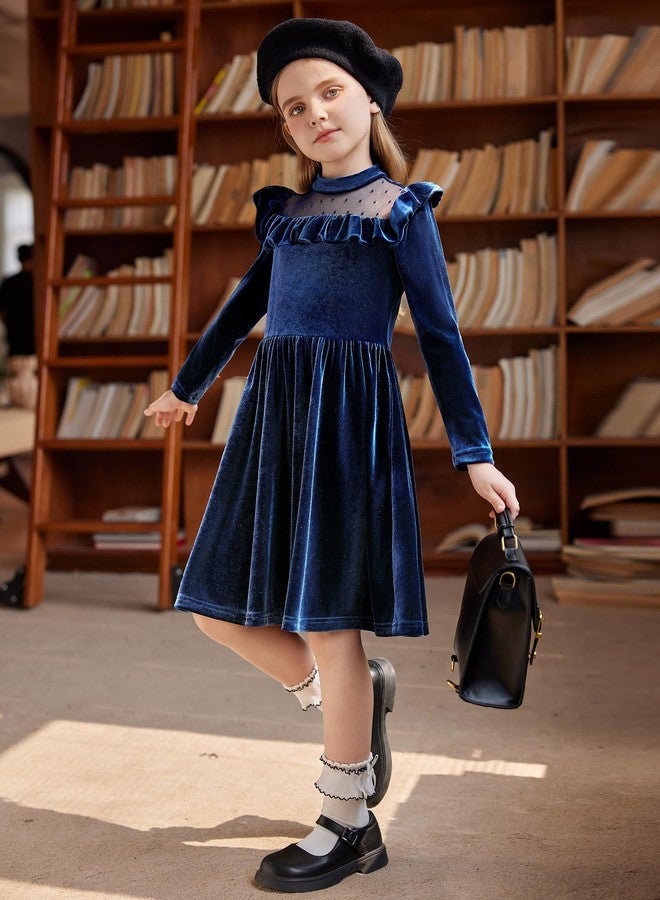 Arshiner فستان عيد الميلاد للأطفال من أرشينر، فساتين مخملية زرقاء داكنة، بأكمام طويلة، فستان أميرة لحفلة عيد الميلاد، ملابس رسمية لخريف وشتاء 4T - Image 5