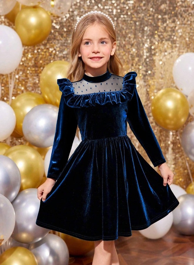 Arshiner فستان عيد الميلاد للأطفال من أرشينر، فساتين مخملية زرقاء داكنة، بأكمام طويلة، فستان أميرة لحفلة عيد الميلاد، ملابس رسمية لخريف وشتاء 4T - Image 2