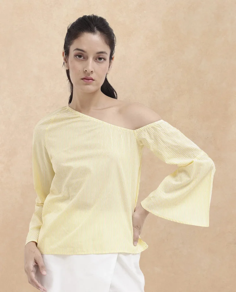 Rareism Rareism Women Leighton Pastel Yellow Cotton Fabric Full Sleeve One Shoulder   Stripe Top