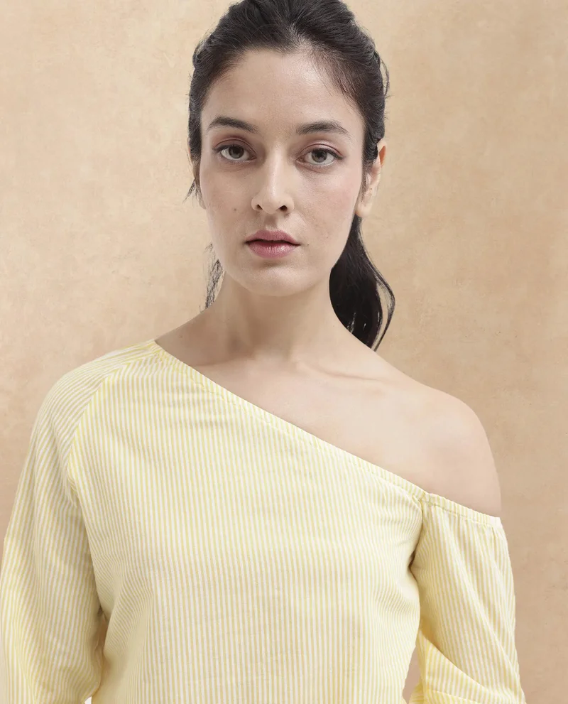 Rareism Rareism Women Leighton Pastel Yellow Cotton Fabric Full Sleeve One Shoulder   Stripe Top