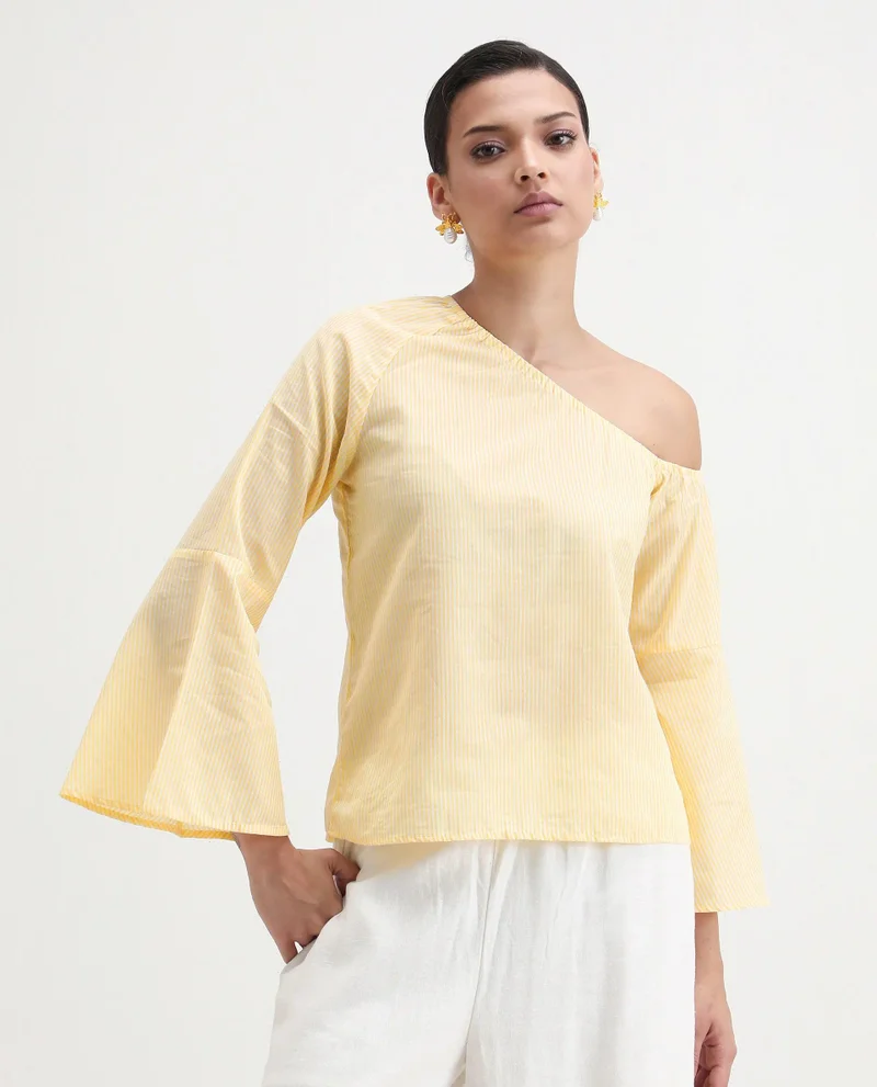 Rareism Women's Modern Stripes: Asymmetric Neckline Top