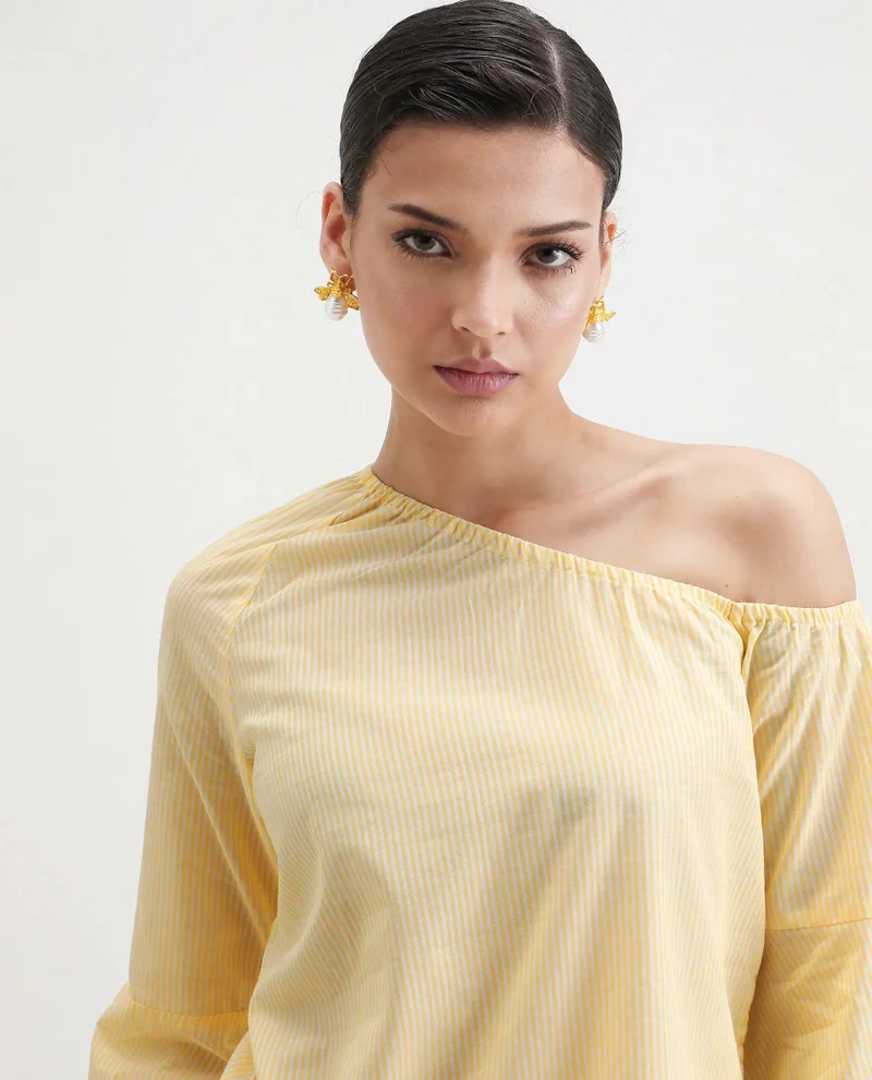 Rareism Women's Modern Stripes: Asymmetric Neckline Top