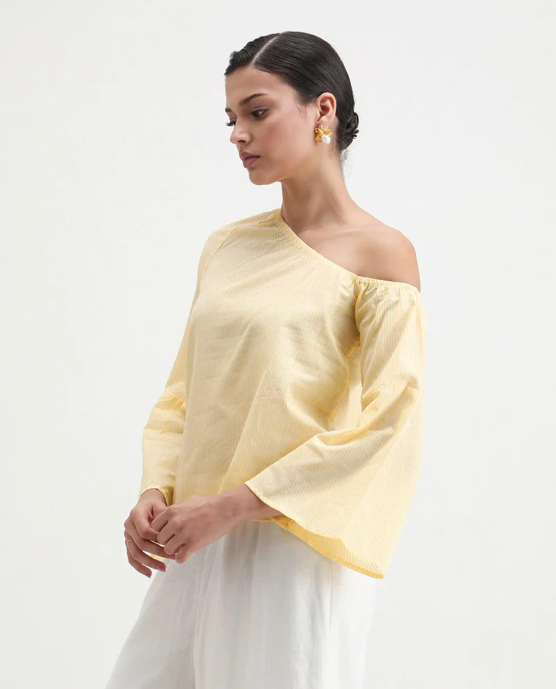 Rareism Women's Modern Stripes: Asymmetric Neckline Top