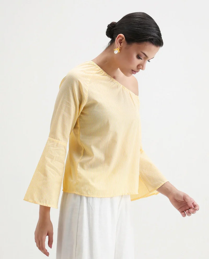 Rareism Women's Modern Stripes: Asymmetric Neckline Top