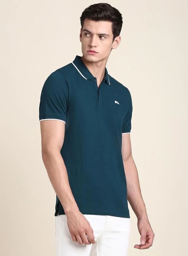 Dennis Lingo Teal Solid Regular Fit Polo Neck T-shirt for Men - 100% Cotton, Half Sleeves, Casual,