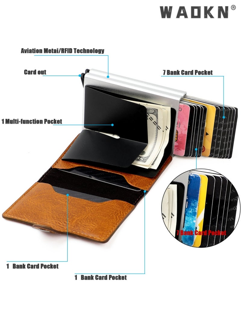 WAOKN Wallet for Men Credit Card Holder, Automatic Pop Up Wallet with RFID, Leather Slim Card Case Front Pocket Anti-theft Travel Thin Wallets, Metal Money Organizers for Women Up to Holds 16 cards+ Cash  - Image 4