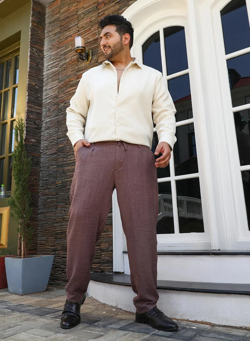 Instafab Plus Instafab Plus Men's Coin Grey Straight Linen-Blend Trousers For Casual Wear | Mid-Rise | Straight Fit | Button Closure | Plus Size Trousers Crafted With Comfort Fit For Everyday Wear