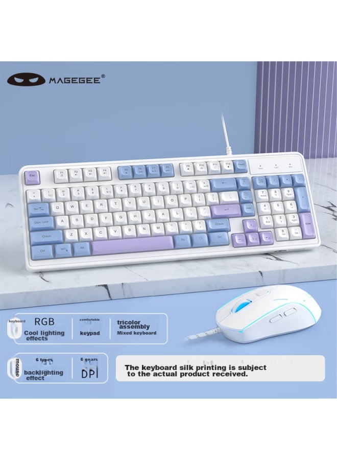 MageGee مجموعة لوحة مفاتيح وفأرة ميكانيكية Magegee Gk980 مع إحساس ميكانيكي، لوحة مفاتيح سلكية بإضاءة خلفية RGB بـ 98 مفتاح، مجموعة لوحة مفاتيح وفأرة للمكتب والألعاب، لوحة مفاتيح وفأرة للكمبيوتر واللابتوب، أبيض وأزرق - Image 1