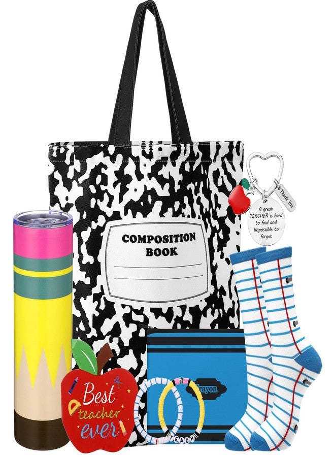 Sieral Teacher Appreciation Gifts for Women Christmas Teacher Gifts Set 20 oz Pencil Tumbler Composition Tote Bag Makeup Bag Bracelets Keychain Socks Apple Greeting Card Thank You & End of Year Favor - Image 1