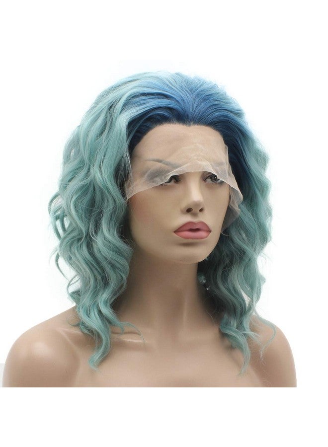 Lushy Lace Front Synthetic Wig Medium Length 14Inch Wavy Blue Root Light Blue Ombre Wig Stylish Wig - Image 3