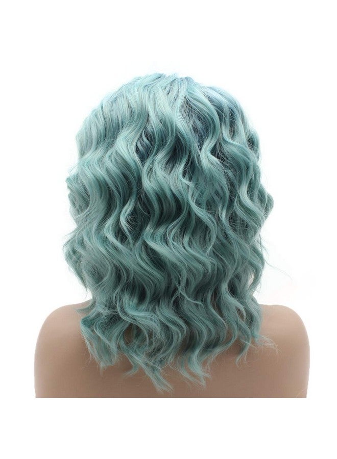Lushy Lace Front Synthetic Wig Medium Length 14Inch Wavy Blue Root Light Blue Ombre Wig Stylish Wig - Image 5