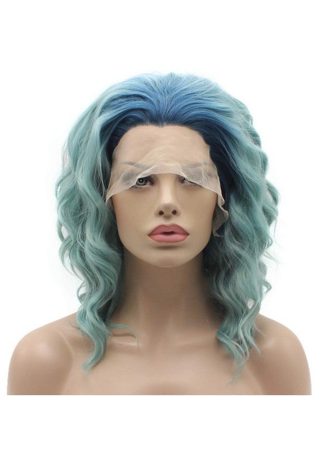 Lushy Lace Front Synthetic Wig Medium Length 14Inch Wavy Blue Root Light Blue Ombre Wig Stylish Wig - Image 2