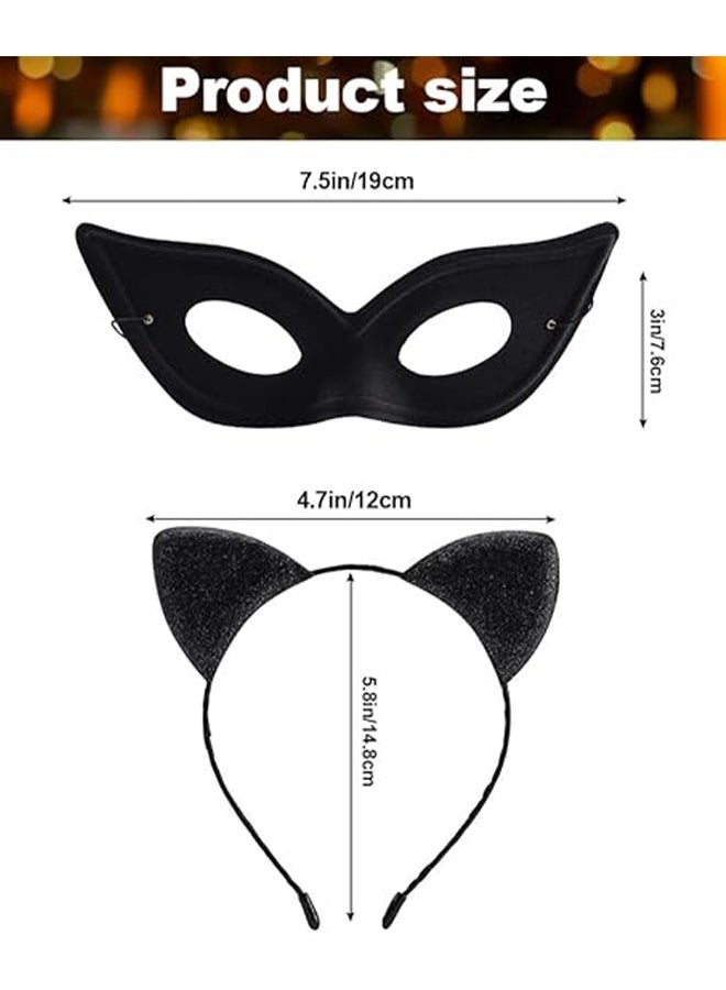 Cat Mask and Cat Ears Headband Set, Black Cat Eye Mask for Masquerade Party with Elastic String Masquerade Masks, Party Cat Mask for Women Girls - Image 2