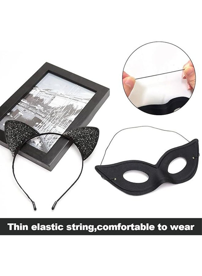 Cat Mask and Cat Ears Headband Set, Black Cat Eye Mask for Masquerade Party with Elastic String Masquerade Masks, Party Cat Mask for Women Girls - Image 3