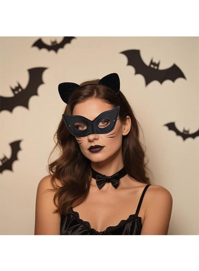Cat Mask and Cat Ears Headband Set, Black Cat Eye Mask for Masquerade Party with Elastic String Masquerade Masks, Party Cat Mask for Women Girls - Image 4