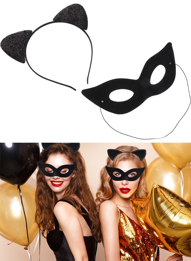 Cat Mask and Cat Ears Headband Set, Black Cat Eye Mask for Masquerade Party with Elastic String Masquerade Masks, Party Cat Mask for Women Girls - Image 1