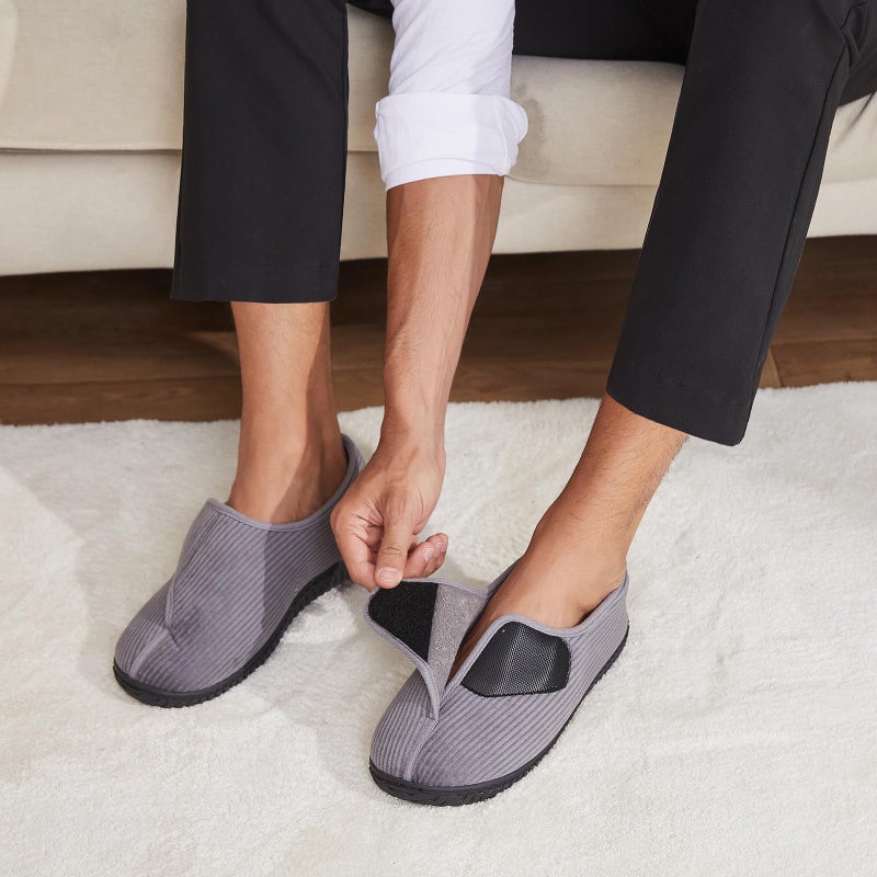Git-up Men Memory Foam Diabetic Slippers Adjustable Arthritis Edema Swollen Feet Wide House Shoes Comfy Soft Non-Slip Plus Size Indoor Outdoor Slipper,Black,9 D(M). - Image 2