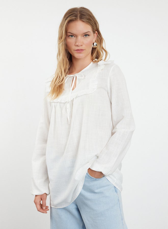 trendyol Ecru Collar Ruffle Detailed Woven Shirt TCTSS24TG00076 - Image 2