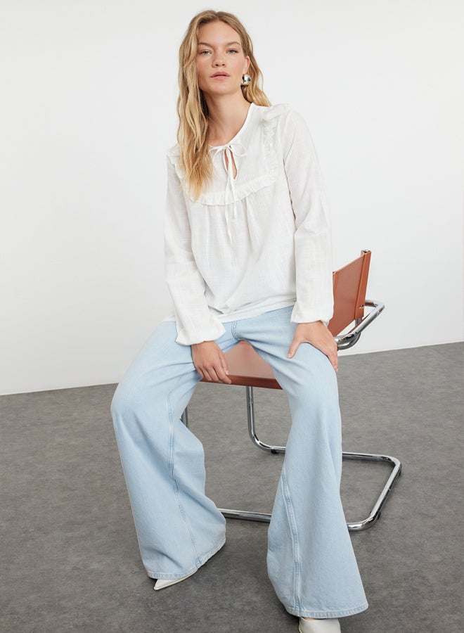 trendyol Ecru Collar Ruffle Detailed Woven Shirt TCTSS24TG00076 - Image 1