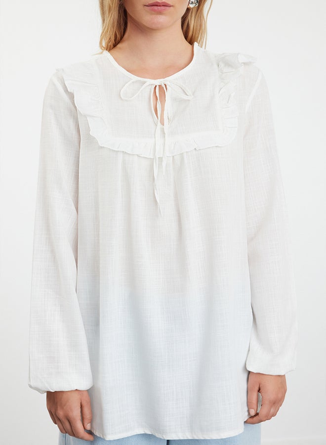 trendyol Ecru Collar Ruffle Detailed Woven Shirt TCTSS24TG00076 - Image 3
