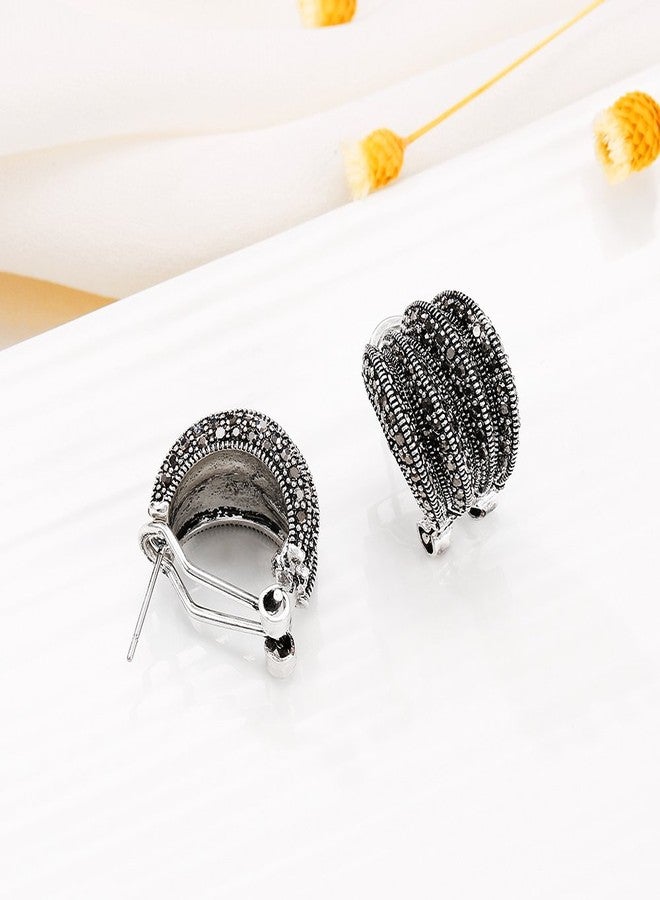 Mytys Vintage Fashion Silver Earrings Retro Black Marcasite Stone Cluster Earrings Stud Jewelry Gift for Women Girl - Image 5
