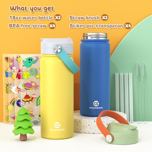 GoKEDA 18oz Kids Water Bottle 2 Pack Insulated Bottles with Stickers 188 Stainless Steel Vacuum Leak Proof Straw Cup for School Gifts for Boys GirlsBlueYellowGreenBlue - Image 3