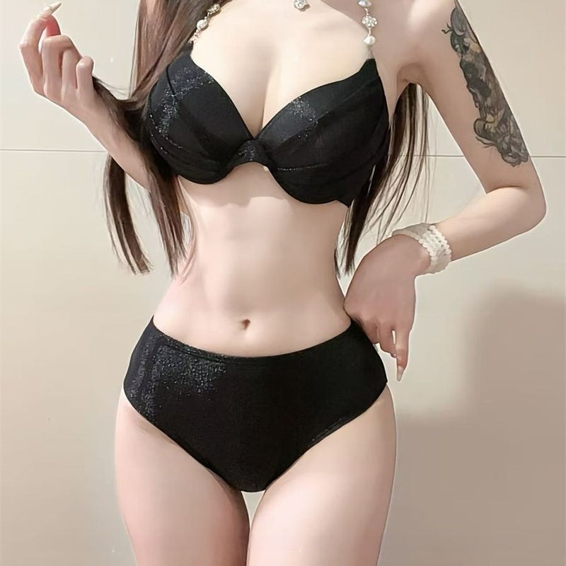 CME Black Three-Piece Long Dress Swimsuit with Push-Up Padded Underwire for Small Bust, Island Vacation Hot Spring - Image 4