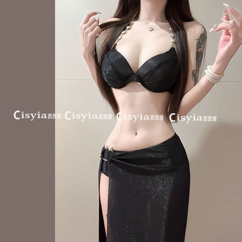 CME Black Three-Piece Long Dress Swimsuit with Push-Up Padded Underwire for Small Bust, Island Vacation Hot Spring - Image 3