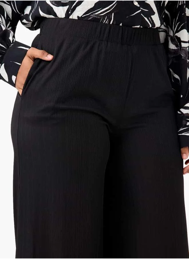 Ulla Popken Plus Size Ulla Popken Textured Wide Leg Pants with Pockets