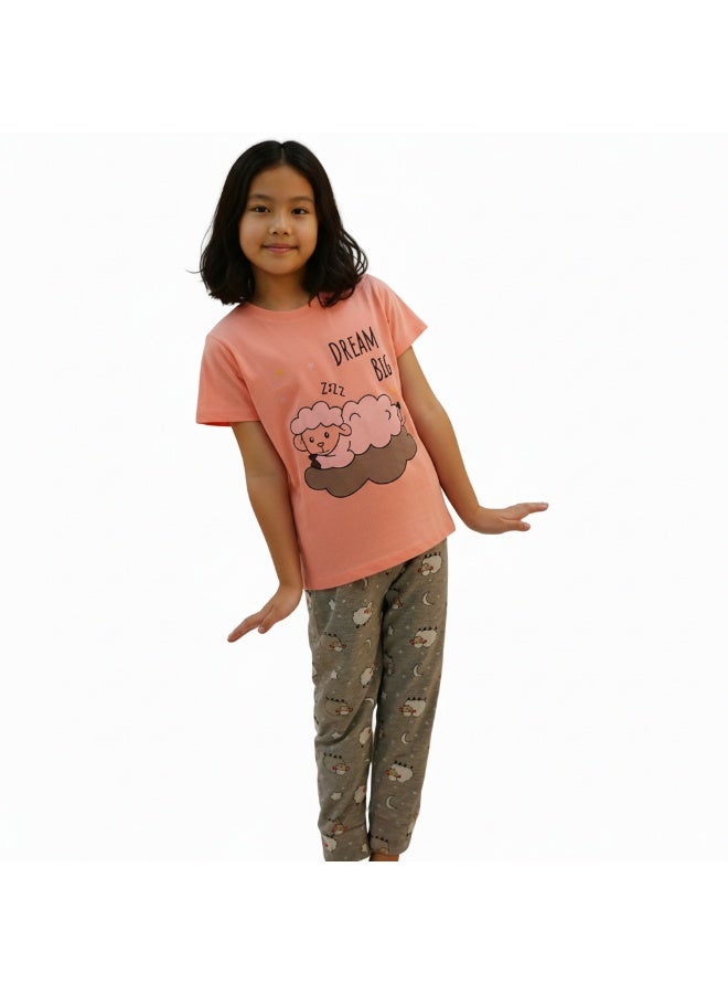 جوانا طقم بيجاما بناتي بطبعة احلم بشكل كبير، قميص بأكمام قصيرة وبنطال طويل، زهري غامق/رمادي - Image 4