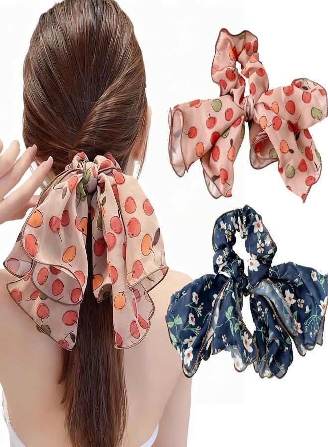 Melodio 2PCS Floral Mesh Bow Hair Scrunchie for Women, Sheer Chiffon Ponytail Holder with Long Ribbons, Flower Decor Hair Tie Elastic Band for Girls, Cute Korean Style Hair Accessory - Image 1
