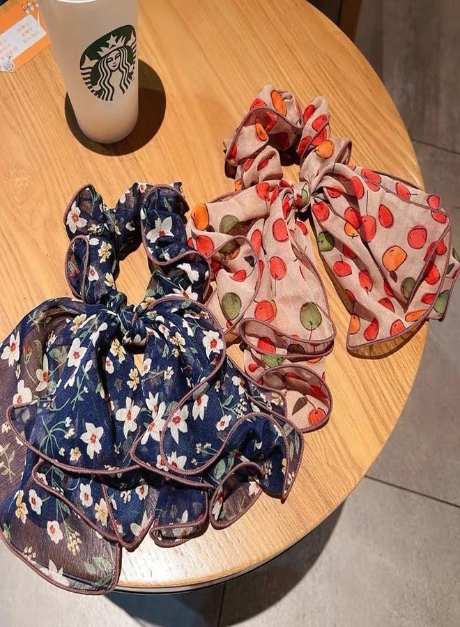 Melodio 2PCS Floral Mesh Bow Hair Scrunchie for Women, Sheer Chiffon Ponytail Holder with Long Ribbons, Flower Decor Hair Tie Elastic Band for Girls, Cute Korean Style Hair Accessory - Image 2