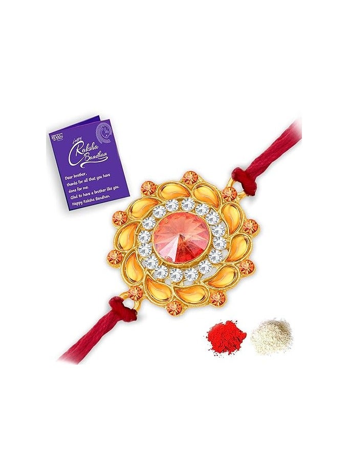 Sukkhi Rakhi Elegant Floral Kundan Designer Gold Plated Premium Rakhi for Brother With Roli Chawal and Greeting Card Rakhi for Bhaiya Rakhi for Men Kundan Rakhi - Image 1