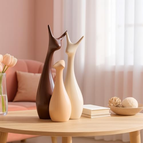 LADROX Home Decor Lucky Deer Statue Family Piano Finish Ceramic Figures - (Set of 3, Brown, Cream Color) - Image 3