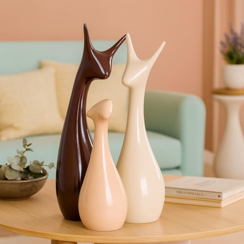 LADROX Home Decor Lucky Deer Statue Family Piano Finish Ceramic Figures - (Set of 3, Brown, Cream Color) - Image 1