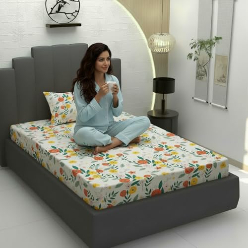 Filymore Flat Single Bed Sheet Floral Design Bedcover with 1 Pillow Cover - 240 TC Soft Microfiber Single bedsheet for Single Size Bed, Bedspread is of White, Pink and Green Color (90x60 inches) - Image 3
