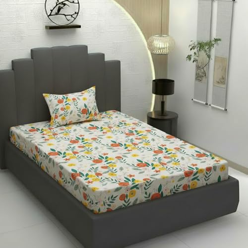 Filymore Flat Single Bed Sheet Floral Design Bedcover with 1 Pillow Cover - 240 TC Soft Microfiber Single bedsheet for Single Size Bed, Bedspread is of White, Pink and Green Color (90x60 inches) - Image 1
